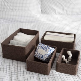 Paper Rope Woven Storage Basket Set of 4 with Fabric Liner, Stackable Multipurpose Organizer Bin, Brown