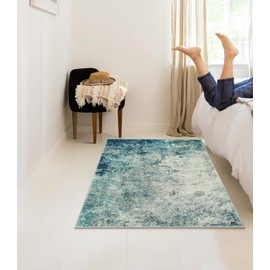 Lahome Modern Abstract Area Rugs 3x5 Washable Rug, Throw Rugs for Entryway Low Pile Anti Slip, Stain Resistance Accent Carpet for Bedroom Kitchen Bathroom Laundry Front Door, Blue/Grey