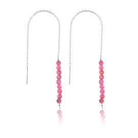 YANARA Pink Tourmaline Threader Earrings Dainty Pair Natural Beads, Birthstone Crystal Gifts for Women, Chakra Energy Crystals Jewelry in Silver Plated Chain Minimalist Gemstone Earrings