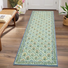 ROYHOME Kitchen Runner Rug Non Slip 2x6 Runners, Washable Area Rugs for Hallway, Flora Rug with Coquette Bow Pattern Soft Stain Resistant Indoor Carpet for Bedroom Entryway Laundry, Emerald Green