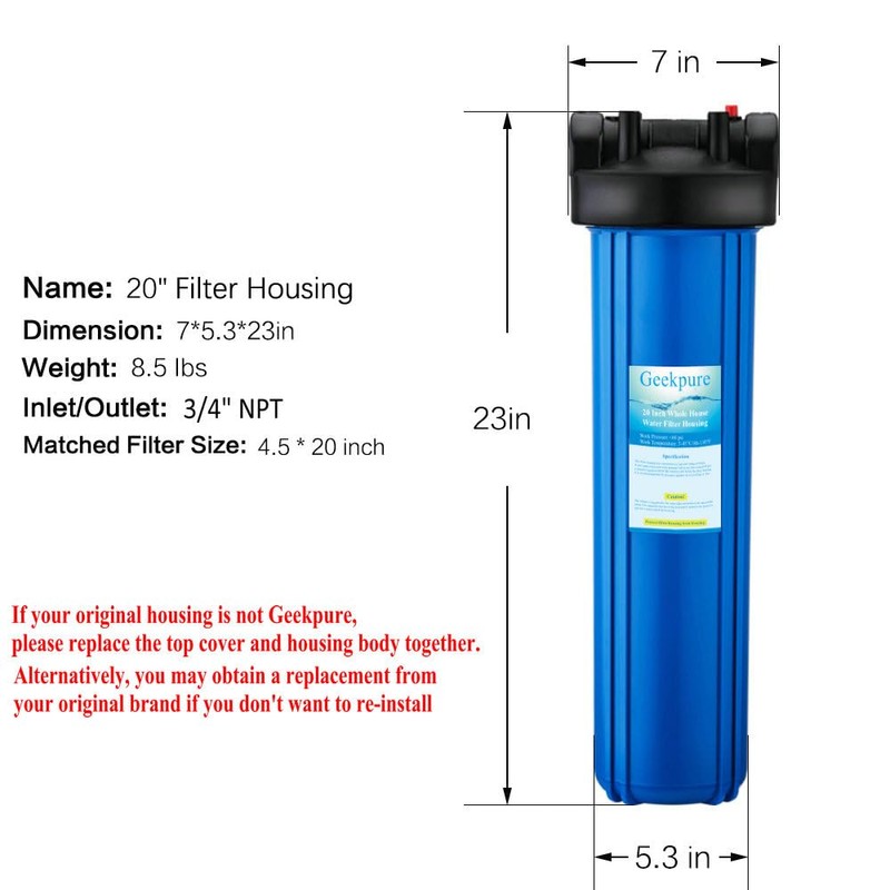Geekpure 20 Inch Whole House Water Filter Housing 3/4" Port-Fit