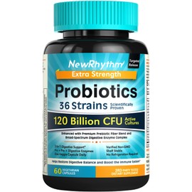 NewRhythm Probiotics 120 Billion CFU 36 Strains, 3-in-1 Probiotics for Digestive Health & Immune Support with Prebiotics & Enzymes, Probioticos for Women & Men, Targeted Release, 60 Veggie Caps