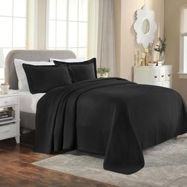 Cottage Core Country Design Raised Matelasse Woven Texture Cotton Bedspread Twin Size 2 Piece Set | Farmhouse Bedding Jet Black Color All Seasons Soft Plush Cozy Hotel Formal Luxury Look