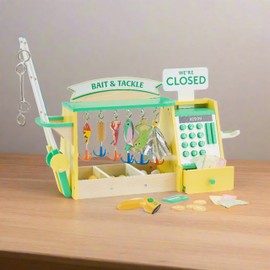 Teamson Kids Fishing Shop Playset with Cash Register & Scanner, Wooden Role Play Counter for Toddlers, Pretend Market Toy with Fish & Accessories, STEM Gift for Ages 3+