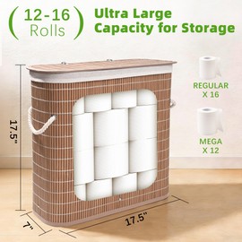 Livole Bamboo Toilet Paper Storage with Lid - 16 Regular Rolls or 12 Mega Rolls 36L Large Capacity Natural Toilet Paper Basket Organizer for Bathroom(Brown)