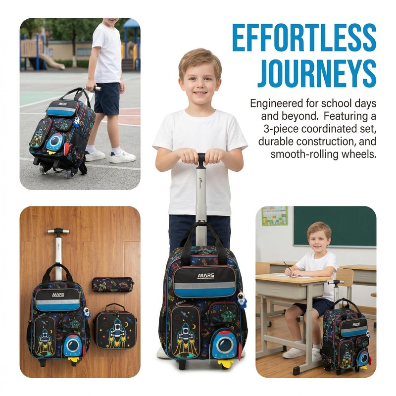 Egchescebo Kids Rolling Backpack for Boys Space Shuttle Luggage with