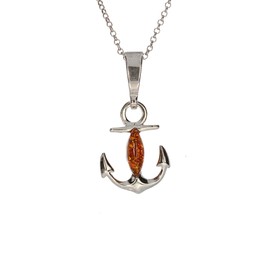 Artisana-Schmuck Amber pendant (without chain), small anchor pendant with amber, setting 925/000 sterling silver rhodium-plated, Rhodium-plated sterling Baltic Amber, Amber
