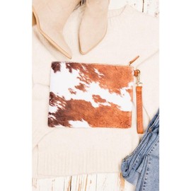 Faux Fur Cow Animal Print Clutch - Open Interior, Zipper Closure, Lined Interior - Oversized Clutch - COLOR: Brown, SIZE: OneSize