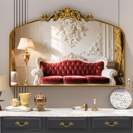 Vintage Arched Bathroom Mirror, 36"x 24" Retro Wall Mounted Vanity Mirror with Carved Pattern Top and Aluminum Frame, Antique Decorative Mirror for Hanging or Leaning