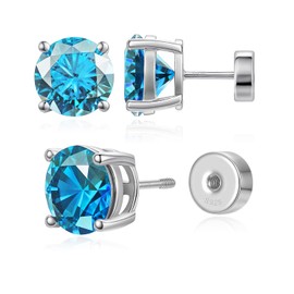 Birthstone Flat Back Stud Earrings for Women, 925 Sterling Silver Flatback Earring for Poke-Free Sleep White Gold Hypoallergenic Screw Back Jewelry Birthday Gift for Wife Girlfriend Christmas