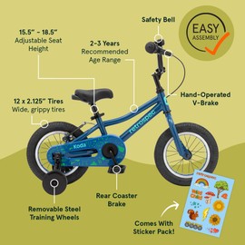 Retrospec Koda Kids Bike with Training Wheels - 12in Toddler Bicycle for Ages 2-3 - Lightweight Steel Frame, Adjustable Seat 15.5-18.5in, Safety Bell & Dual Brakes