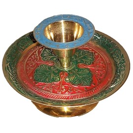 Candlestick Holder for Taper Candles Traditional Chamberstick Shape,Fits Standard Tapered Candles Made from Brass (Blue & Red)