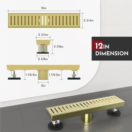 WEBANG 12 Inch Linear Shower Drain Rectangular Floor Drain with Accessories Capsule Pattern Cover Grate Removable SUS304 Stainless Steel CUPC Certified Brushed Gold