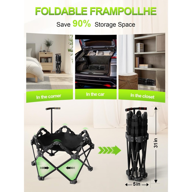 FitNexus 42" Foldable Mini Trampoline- 450lb Capacity Fitness Rebounder w/3-Level