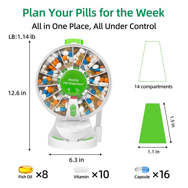 JULOS Daily Pill Dispenser with One-Press Button for Seniors &