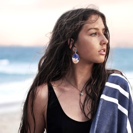 JeanBeau Large Pressed Flower Drop Earrings for Women Teen Girls – Statement Gold Tone Big Royal Blue Oval Teardrop Dangle Jewelry Gift