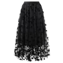 Velinsak Skirts for Women Midi Long Length Pleated High Waisted Tulle Skirt Floral A-Line Flowy Skirts Black S-M