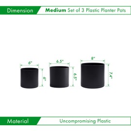 D'vine Dev 6 Inch 6.5 Inch 8 Inch, Set of 3 Plastic Planter Pots for Plants with Drainage Hole and Seamless Saucers, Black Color, Medium, 74-V-B-3