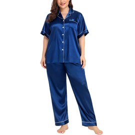 SWOMOG Womens Silk Satin Pajamas Plus Size Pajama Set Short Sleeve Pj Set Button Down Pjs Soft and Lightweight Nightwear 18W Navy Blue