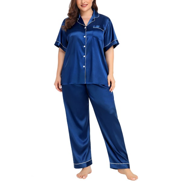 SWOMOG Womens Silk Satin Pajamas Plus Size Pajama Set Short