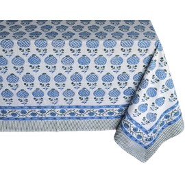 ATOSII Roma Blue 100% Cotton Boho Rectangle Fall Tablecloth, Handblock Floral Print Table Linen for Kitchen Dining I Parties, Outdoors, Weddings, Christmas, Thanksgiving I 72 X 120 Inches I 10 Seater