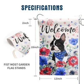 4th of July Boston Terrier Garden Flag Red White Blue Floral Dog Yard Flags Small Memorial Independence Day Banner 12x18 Double Sided for Outside Outdoor Patriotic Decor
