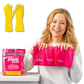 Kevagh The Pink Stuff. The Miracle Microfibre Cloth Collection Multi-Clean 3 Pack & 1 Pair of Yellow Household Gloves – All-Purpose Reusable Cleaning Bundle