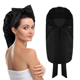 JIYIN Long Satin Bonnet for Sleeping, Black Long Satin Bonnet for Sleeping Women Girls Sleep Cap with Tie Band Silk Sleep Cap for Braids Curly Hair