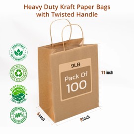 Recykraft 100pcs 8x5x11 Inches Large Brown Paper Bags with Handles, Kraft Paper Bags, Brown Gift Bags with Handles Bulk for Birthday, Party Favor, Grocery, Shopping, Craft, Retail and Small Business