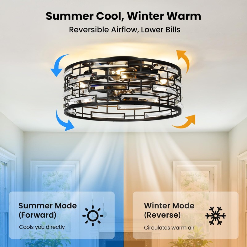 Linour Crystal Caged Ceiling Fan with Light, 18.9'' Flush Mount