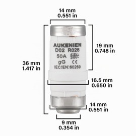 AUKENIEN Neozed Fuse 50A D02 E18 400VAC Spiral Ceramic Fuses 50 Amp Fuse NEOZED Fuse Insert (Pack of 5)