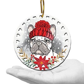 Bella Busta - Dog Christmas decorations - dog lovers gifts - ceramic hearts Christmas tree ornament - UV print GOG face with Santa hat (French Bulldog (white)