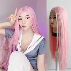 Baby Pink Synthetic Lace Front Wig Long Silky Straight Wig for Party Replacement Hair Wigs for Women Heat Resistant Fiber Hair
