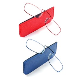 REAVEE 2 Pack Small Armless Reading Glasses for Men Women, Blue Light Blocking Rectangle No Temple Thin Compact Readers with Portable Case, Red and Blue +3.0
