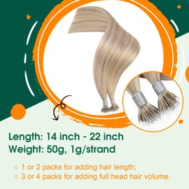 Easyouth Blonde Nanoring Extensions, Real Hair, Nano Ring Hair Extensions, Ash Blonde and Yellow Blonde, Nano Keratin Real Human Hair, 45 cm, 50 Pieces, 50 g, #18P613