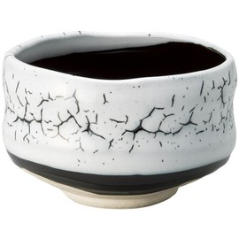 Japanese Mino Ware Pottery Matcha bowl 4.96 Inches in Diameter H3.19 Inches Tea Cup for Tea Ceremony, White glaze Pattern on Black M6249