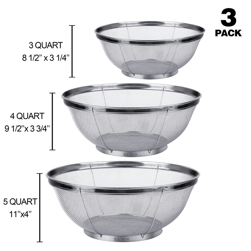 3 Pack Strainers for Kitchen, 18/8 Stainless Steel Colander, Fine