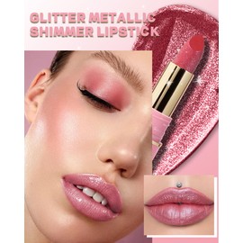 Glitter Metallic Cherry Plum Shimmer Lipstick Long Lasting, High Shine Glitter Diamond Creamy Red Lipstick Transfer Proof Non-Stick Lip Gloss Shimmer High Impact Full Coverage Lip Makeup for Women-03