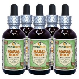 Maral Root (Rhaponticum Carthamoides) Glycerite, Organic Dried Roots Alcohol-Free Liquid Extract (Brand Name: HerbalTerra, Proudly Made in USA) 5x2 fl.oz (5x60 ml)