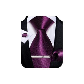 DiBanGu Mens Silk Necktie Solid Color Tie and Pocket Square Cufflink Tie Clip Set Woven Plain Ties for Men Wedding Party, Purple