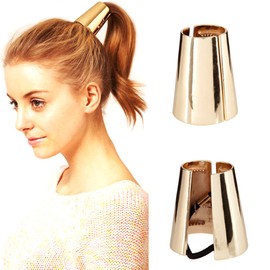2 Pack Metal Ponytail Horsetail Buckles with Smooth Alloy Bands - Simple Elastic Hair Rings for Long Hair (Gold)