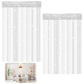 DAWRIS String Curtain Set, 100 x 200 cm Thread Curtain, Glitter, White, Fly Curtain, Balcony Door, Shortenable Door Curtain, Fringe Curtain for Wedding, Cafe, Restaurant, Doors, Windows, Set of 2