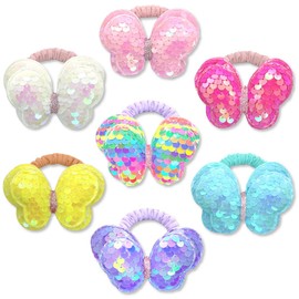 Glitter Butterfly Hair Ties for Girls - 7 Pcs Sparkly Sequin Hair Bands No Damage Ponytail Holders Cute Hair Accessories for Little Girls Teens Toddlers Child Kids Gifts