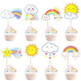 Cyodoos 24Pcs Rainbow Clouds Cupcake Toppers Clouds Sun Rainbow Stars Party Decorations Boys Girls Rainbow Theme Baby Shower Birthday Party Decorations Supplies