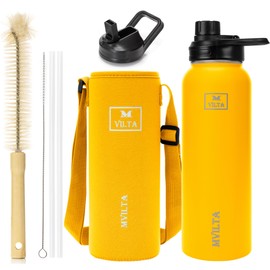 Mvilta Insulated Stainless Steel Water Bottle-Double Walled Vacuum Reusable Sports Water Bottle With Free Bottle Accessories - Ice: Up to 24 Hrs. Hot: Up to 12 Hrs. 40oz Yellow