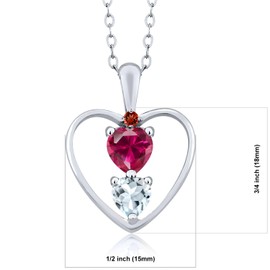 Gem Stone King 925 Sterling Silver Red Created Ruby Sky Blue Aquamarine and Red Garnet Pendant Necklace For Women (0.86 Cttw, Gemstone July Birthstone, Heart 5MM and 4MM, with 18 Inch Silver Chain)