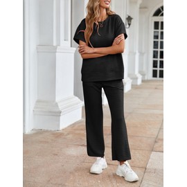 Famulily Tracksuit Womens Full Set Crew Neck Tops and Wide Leg Joggers, Ladies Travel 2 Piece Outfits Set Casual Summer Loungewear Leisure Suits (XL, Black)