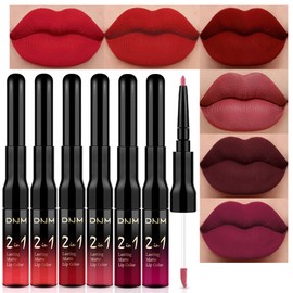 6Pcs Dark Red Matte Lip Liner Pencil and Liquid Lipstick Makeup Set for Women labiales mate 24 horas originales matte larga duracion long lasting 24 DNM Permanent Lipstick 24 Hour with Lip Liner Stain