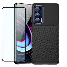 GTBDEKI Case for Moto Edge 2021/5G UW, Carbon Fiber Anti-Scratch Shockproof Silicone TPU Back Cover with Screen Protector, Black