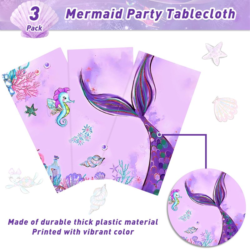 Mermaid Tablecloth - 3PCs, Purple w/ Mermaid Design - Birthday/Baby